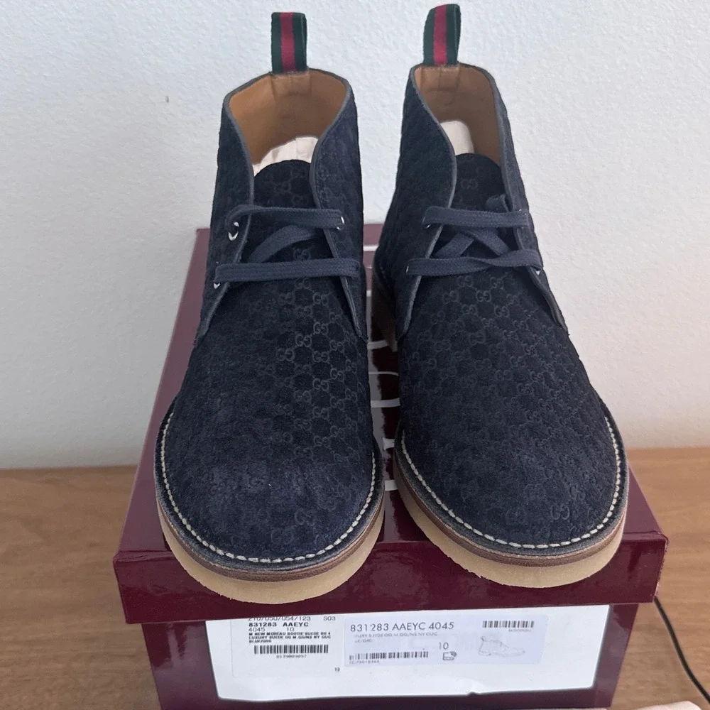 Gucci 831283 Moreau Navy Blue GG Monogram Suede Chukka Desert Boots Mens 10